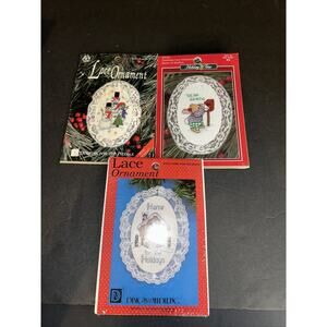 Set of 3 Lace Ornaments Cross Stitch Kits Vintage 1979 Snowmen Bear Gingerbread